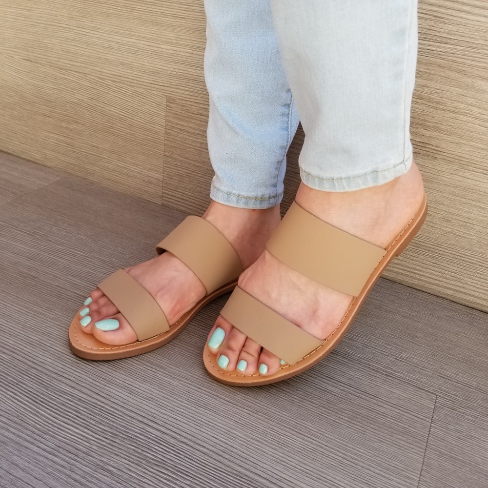 Slip On 2 Strap Flat Sandal Tan Faux Leather-E - Picture 5 of 8